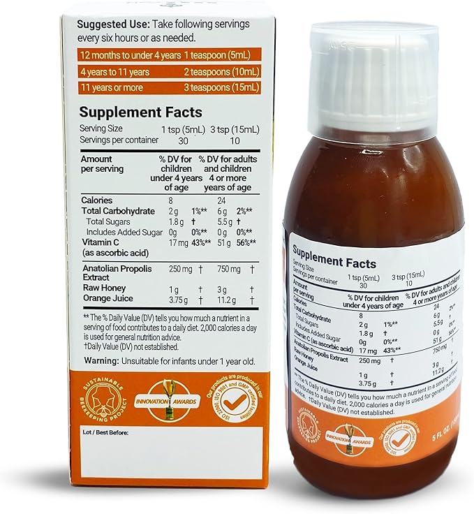 BEE and You Propolis Extract Cough Syrup w/Vitamin C, Soothing Honey, Natural Immune Support, Sore Throat Relief, Antioxidants, for Kids & Adults, 5 Fl Oz, for Men and Women