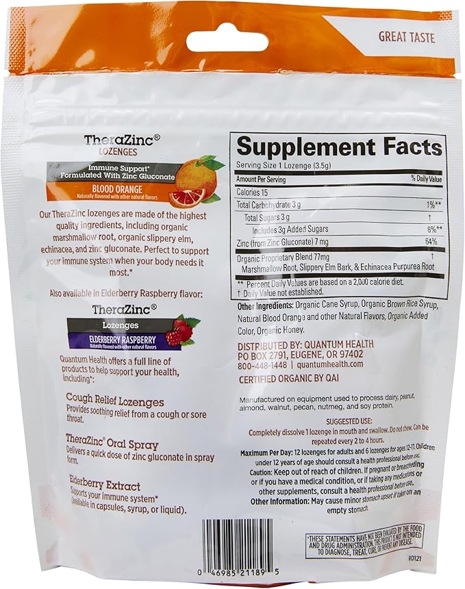 Quantum Health TheraZinc USDA Organic Blood Orange Zinc Lozenges For Adults and Kids, For Immune System Support, Individually Wrapped & Bagged, 18 Ct.
