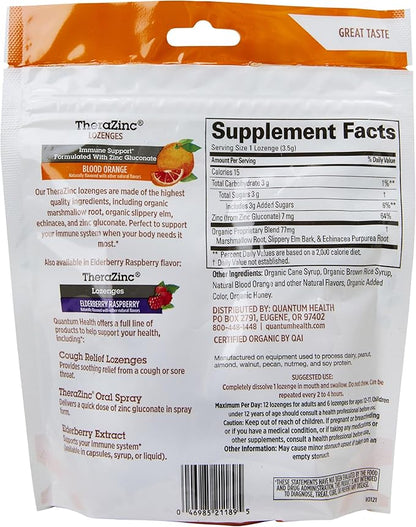 Quantum Health TheraZinc USDA Organic Blood Orange Zinc Lozenges For Adults and Kids, For Immune System Support, Individually Wrapped & Bagged, 18 Ct.