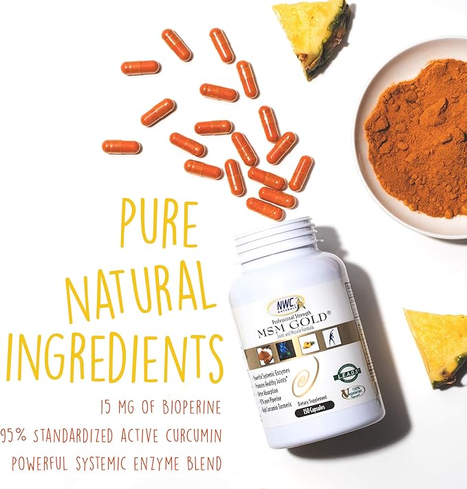 NWC Naturals MSM Gold – Systemic Enzyme Supplement with Turmeric, Tomato Lycopene & BioPerine for Nutrient Absorption – Joint & Muscle Support – 150 Antioxidant-Rich Vegetarian Capsules