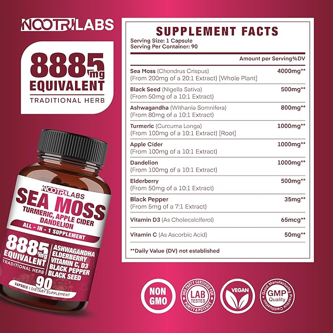 All-in-1 8885mg Highest Potency Sea Moss, Black Seed, Ashwagandha, Turmeric, Apple Cider Vinegar, Dandelion with Elderberry, Vitamin C & D3 - Immune, Energy Support Supplement - 90 Vegan Capsules