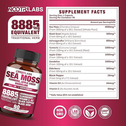 All-in-1 8885mg Highest Potency Sea Moss, Black Seed, Ashwagandha, Turmeric, Apple Cider Vinegar, Dandelion with Elderberry, Vitamin C & D3 - Immune, Energy Support Supplement - 90 Vegan Capsules