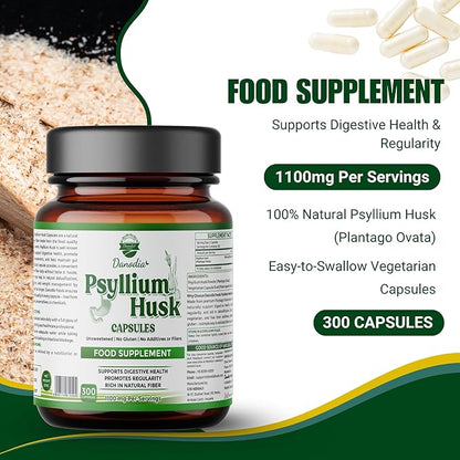 Danodia Foods Psyllium Husk Capsules – 300 Count | Veg Capsules | No additives or Filers | Gluten-Free, Non-GMO | Natural Fiber Supplement | No Artificial Colors or Preservatives