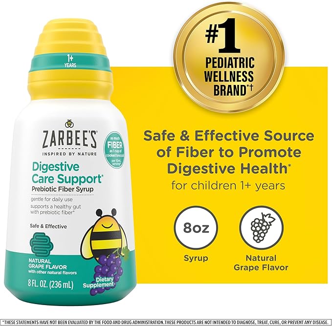 Zarbee's Children's Digestive Care Support* Prebiotic Fiber Syrup, Grape Flavor with Other Natural Flavors, Liquid Fiber for Kids, Daily Fiber Supplement + Agave, 8 fl. oz