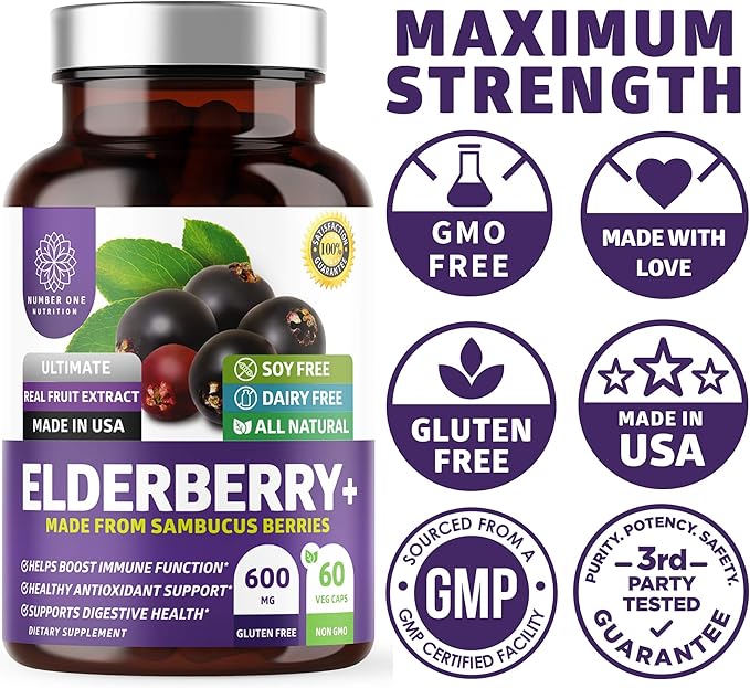 N1N Premium Black Elderberry Capsules for Adults [Max Strength] Pure and Potent Elderberry from Sambucus Nigra to Support Immunity & Skin Health, Non-GMO, Gluten Free, 60 Veg Caps