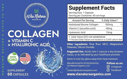 Collagen + Vitamin C + Hyaluronic Acid | Hydrolized Peptide | Specially formulated for Women | Type I, II and III | 60 Capsules