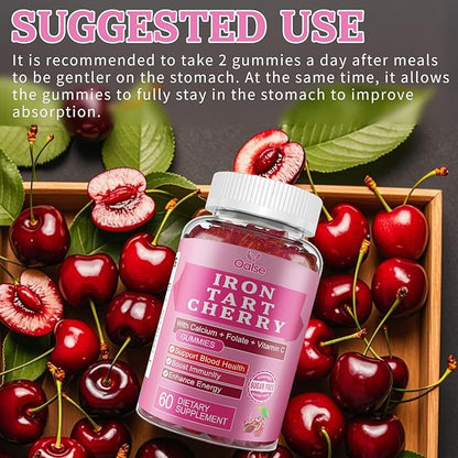 Tart Cherry Iron Supplement for Women & Men, Iron Gummies with Calcium, Zinc, Folate & Vitamin C & B12 for Immune Support, (60 Count) - Sugar Free,Vegan