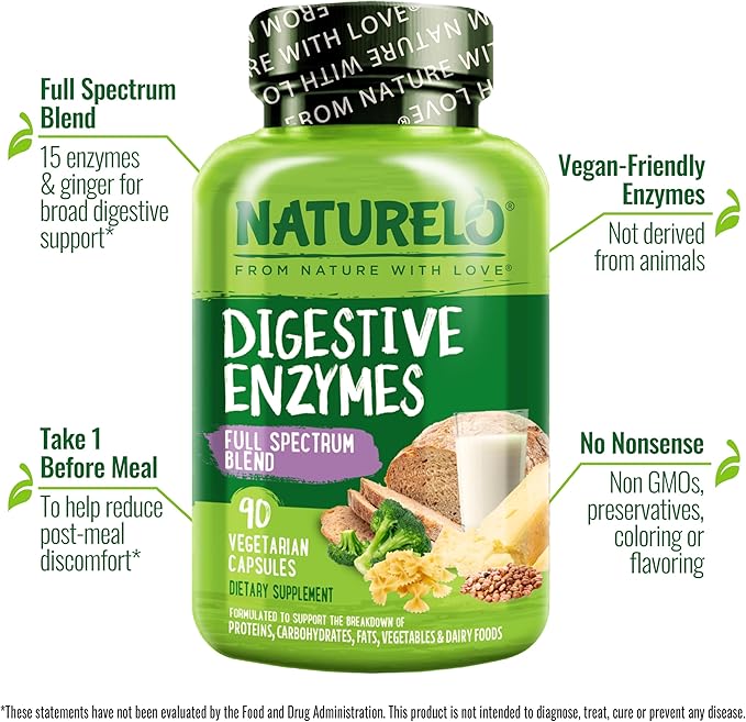NATURELO Digestive Enzymes - Full Spectrum Support with a Broad Blend of 15 Enzymes Plus Ginger - 90 Vegan Capsules