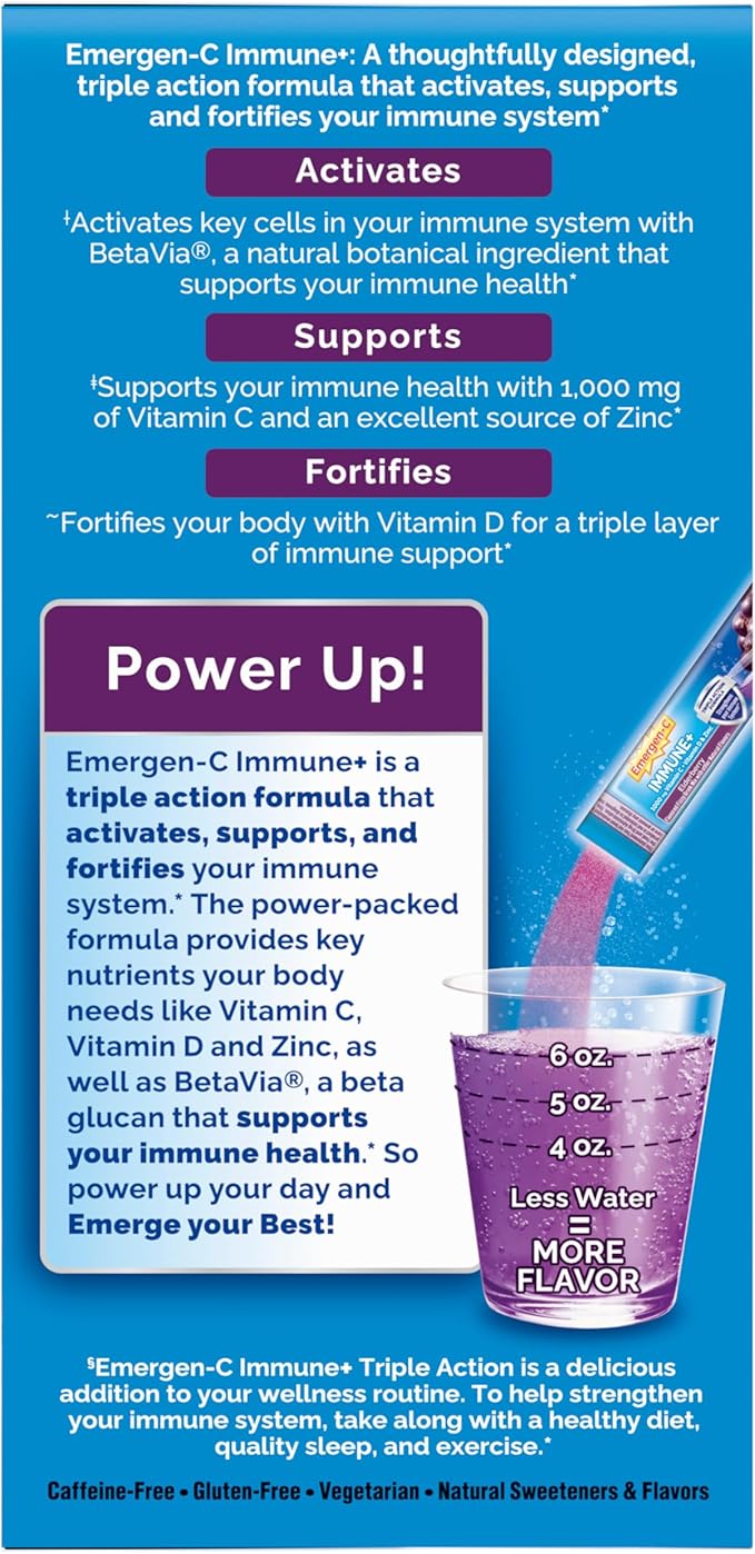 Emergen-C Immune+ Vitamin C 1000mg (18 Count, Elderberry) Dietary Supplement Fizzy Drink Mix Powder Packets