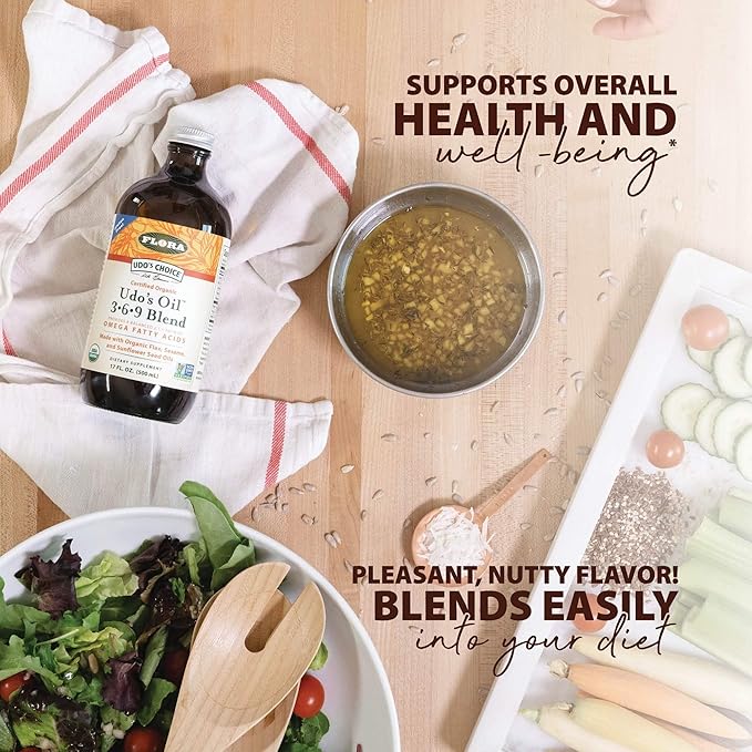 Flora - Udo's Choice Omega 369 Oil Blend, Made with Organic Flax, Sesame & Sunflower Seed Oils, Plant-Based Vegan Omega Fatty Acids, Based on Ideal 2:1:1 Ratio, 8.5-fl. oz. Glass Bottle