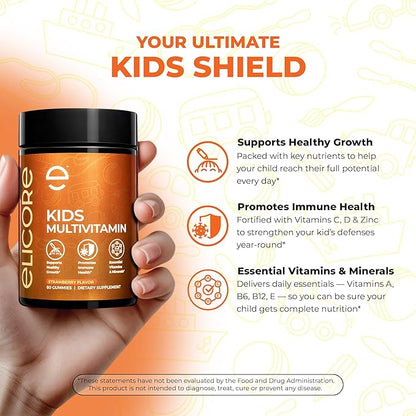 Kids Multivitamin Gummies – Strawberry Flavor – Immune & Growth Support with A, C, D, E, B6, B12, Zinc – Non-GMO, Gluten-Free – Chewable Vitamins for Kids 4+ – 60 Count