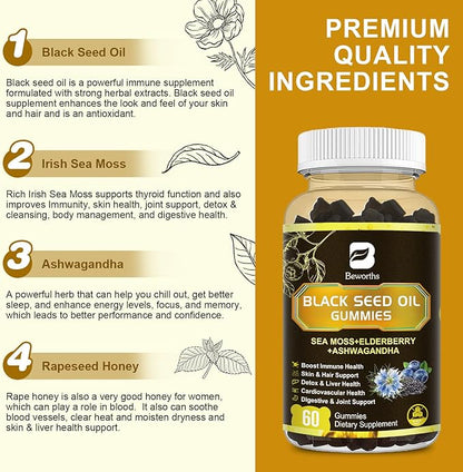 Irish Sea Moss Gummies with Black Seed Oil, Ashwagandha Extract, Elderberry, Turmeric, Vitamin C Vitamin D3 / Black Elderberry Gummies & Sea Moss Gummy