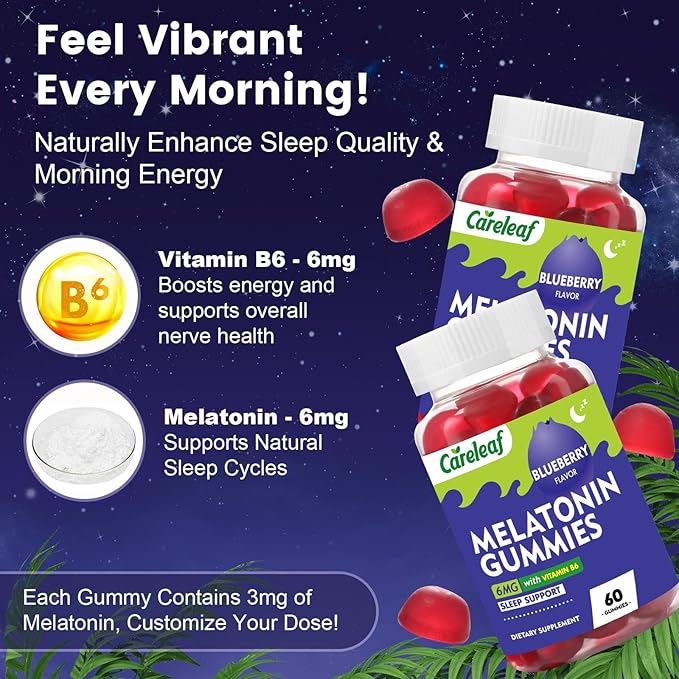 Melatonin Gummies Sleep Support for Men and Women Health Sleep with 6mg Melatonin&Vitamin B6 Blueberry Flavor 60 Count