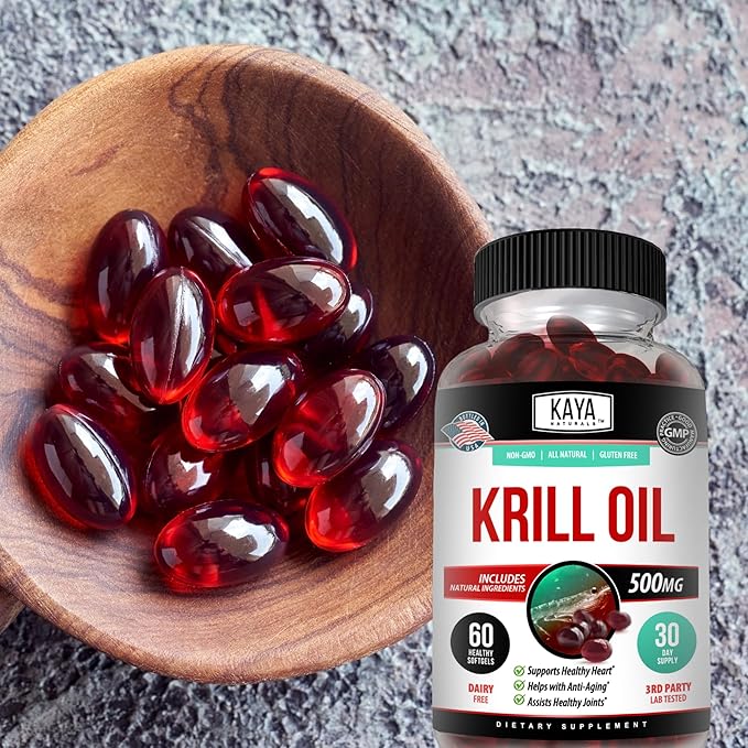 Kaya Naturals - Antarctic Krill Oil 500mg with Omega 3, EPA, DHA, Phospholipids & Astaxanthin Supplement - Brain & Health Vitamin - Anti Aging Supplement - 60 Count Softgels