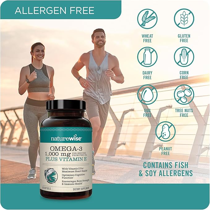 NatureWise 1000mg Omega 3 600mg EPA 400mg DHA with Vitamin E 180ct & Vitamin B Complex for Cellular Energy 60 Softgels[2-Month]
