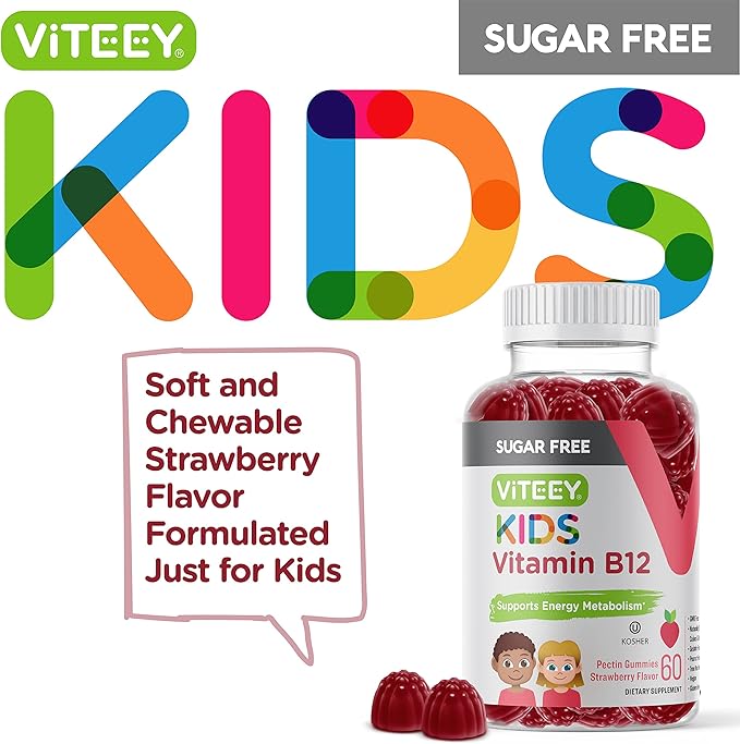 Vitamin B12 for Kids Gummies, 1000mcg - Sugar Free - Metabolism, Natural Energy Support - Vegan, Gelatin Free, Gluten Free, GMO Free - Tasty Chewable B12 Strawberry Flavored Gummy