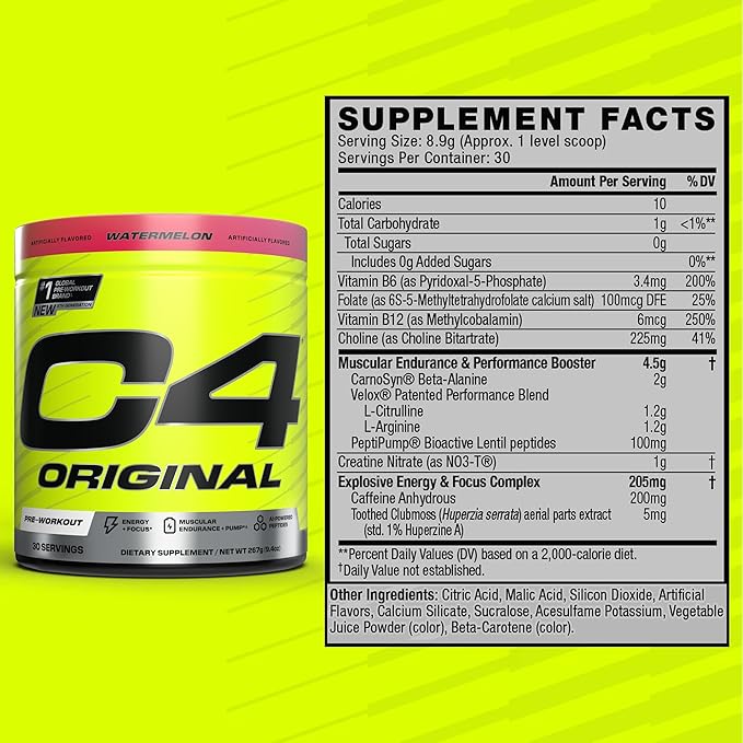 Cellucor C4 Original Pre Workout Powder Sugar Free for Men & Women 200mg Caffeine + CarnoSyn Beta-Alanine + Creatine + AI Peptides - Watermelon, 30 Servings