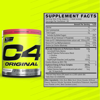 Cellucor C4 Original Pre Workout Powder Sugar Free for Men & Women 200mg Caffeine + CarnoSyn Beta-Alanine + Creatine + AI Peptides - Watermelon, 30 Servings