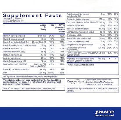 Pure Encapsulations PreNatal Nutrients - for Pregnancy & Lactation - Aids Energy & DNA Development* - with Folate, Choline & Iron - Gluten Free & Non-GMO - 120 Capsules
