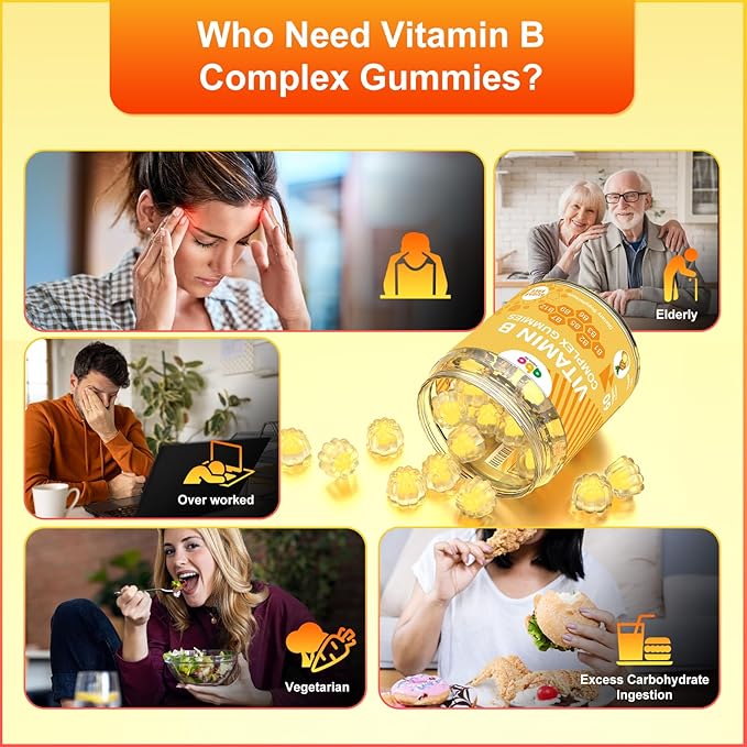 Vitamin B Complex Gummies for Adult Kid-Pineapple Flavor-Chewable Supplement with 8 Essential B Vitamins (B1, B2, B3, B5, B6, B7, B9, B12) Supports Energy, Metabolism & Mood,Non GMO,Vegan 60 Count