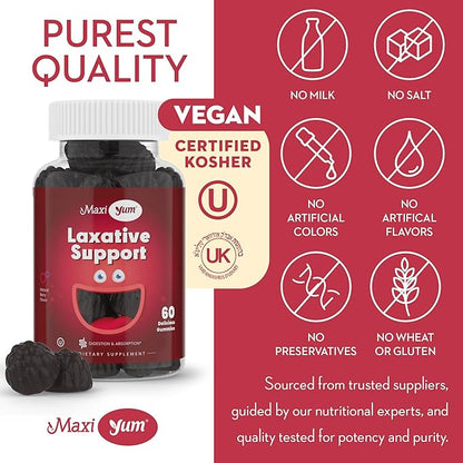 Maxi Health Laxative Gummies, 60's - Chewable Vegan Gummy, Adults and Kids Ages 6 and Up - All-Natural Laxative with Senokot Extract and Mixed Natural Fruit Flavors (Berry, 60 Count)