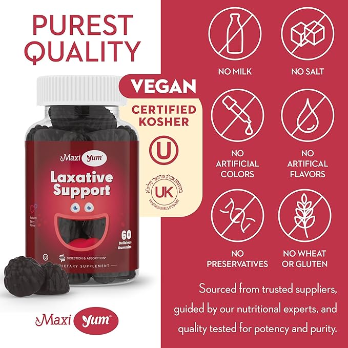 Maxi Health Laxative Gummies - Chewable Vegan Gummy Laxative for Adults & Kids Ages 6 and Up - All-Natural Laxative w/Senokot Extract & Mixed Natural Fruit Flavors (Berry, 60 Count, Pack of 2)