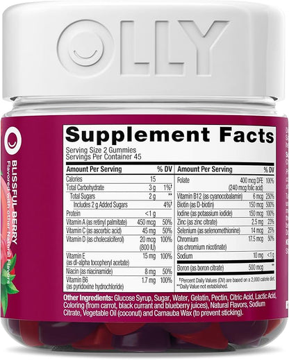 OLLY Women's Multivitamin Gummy, Vitamins A, D, C, E, Biotin, Folic Acid, Adult Chewable Vitamin, Berry Flavor, 45 Day Supply - 90 Count