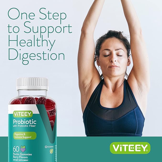 Viteey Probiotic Gummies with Prebiotics – Gut Health Supplements for Digestive Health – 2 Billion CFUs – Vegan, Gluten-Free – 60 Count