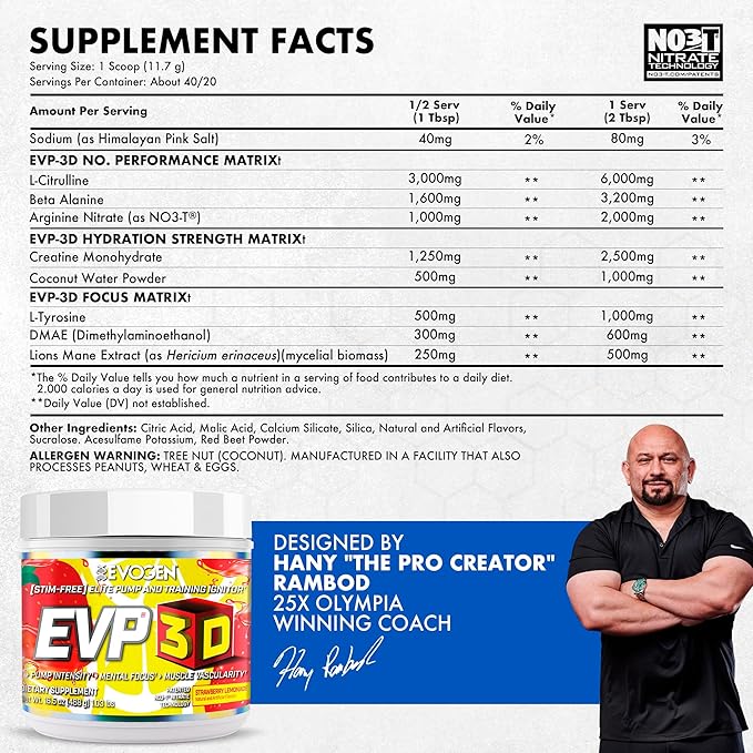 Evogen EVP 3D - Stim Free Pre Workout Powder for Men & Women | Sugar Free Non Stim Preworkout with Beta Alanine and Creatine for Energy & Pump | Strawberry Lemonade | 40 Servings