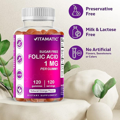 Vitamatic Folic Acid Gummies 1000 mcg (1 mg) – Essential Prenatal Vitamin B9 for Mom & Baby – 120 Vegan Gummies per Bottle – 2 Pack
