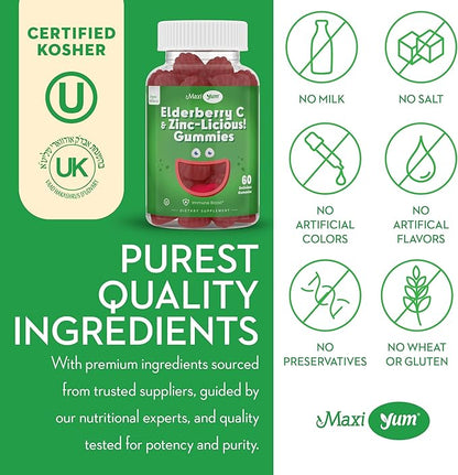 Elderberry Zinc Gummies - Organic Sambucus Elderberry Gummies with Zinc and Vitamin C - Vegan Immune Support for Adults and Kids - Chewable Elderberries Supplements for Immunity Boost - 60 Gummies