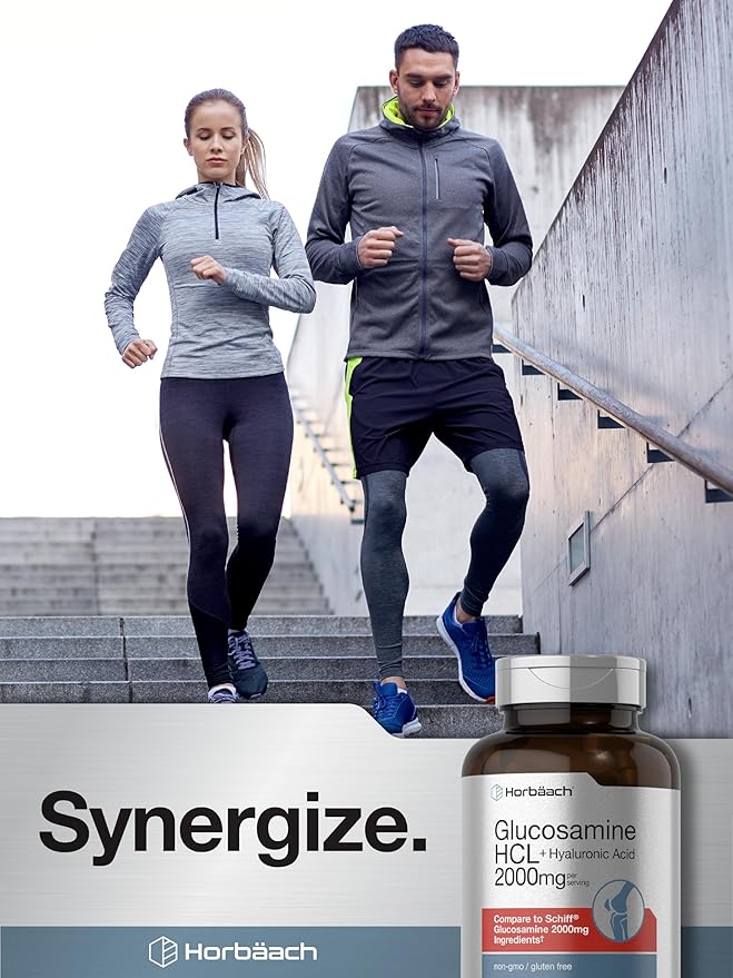 Horbäach Glucosamine HCL | with Hyaluronic Acid | 2000mg | 120 Coated Caplets | Non-GMO & Gluten Free Supplement