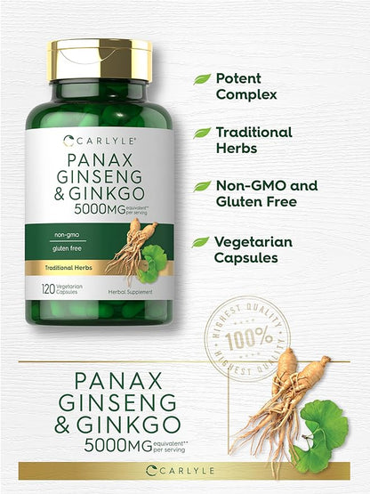 Carlyle Panax Ginseng & Ginkgo 5000mg | 120 Vegetarian Capsules | Non-GMO & Gluten Free Supplement