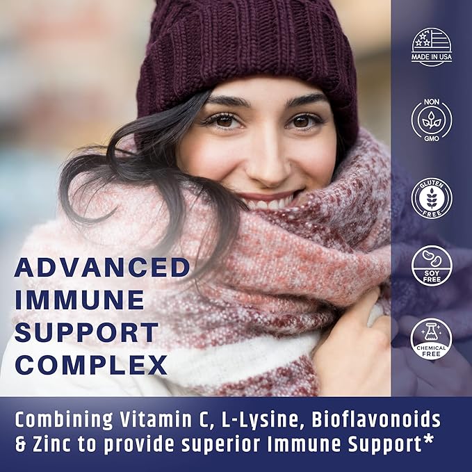 Vitamin C 1000mg Complex with L-Lysine 500mg, Zinc Gluconate 12mg, Bioflavonoids 300mg. Doctor Formulated Magnesium Stearate Free Supplements for Healthy Immune System Support. Two Bottles.(2)