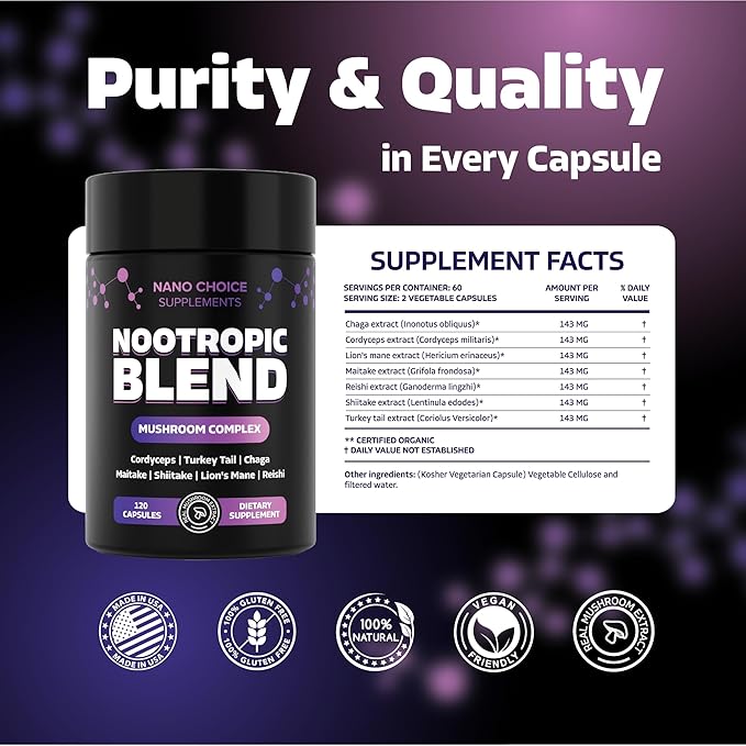 Nano Choice Nootropic Blend - Mushroom Complex Supplement for Brain, Focus, Productivity & Immune Support | Non-GMO, Vegan, Made in USA | 120 Capsules