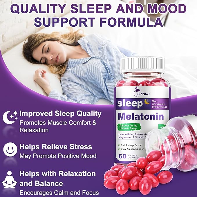 Sleep Support Supplement Softgels, Sleep Aids for Adults, Sleep Supplement with Melatonin 5mg, Vitamin D2, Magnesium, and Lemon Balm, Strawberry Extract, Gluten-Free, Vegan & Non-GMO, 60 Count