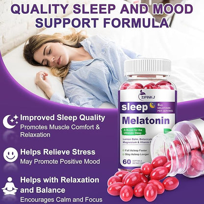 Sleep Support Supplement Softgels, Sleep Aids for Adults, Sleep Supplement with Melatonin 5mg, Vitamin D2, Magnesium, and Lemon Balm, Strawberry Extract, Gluten-Free, Vegan & Non-GMO, 60 Count