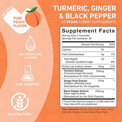 Turmeric and Ginger Supplement Gummies with Black Pepper, Joint Support Curcumin Chewables with Delicious Flavor – Gluten Free, Non-GMO, Vegan, 60 Count