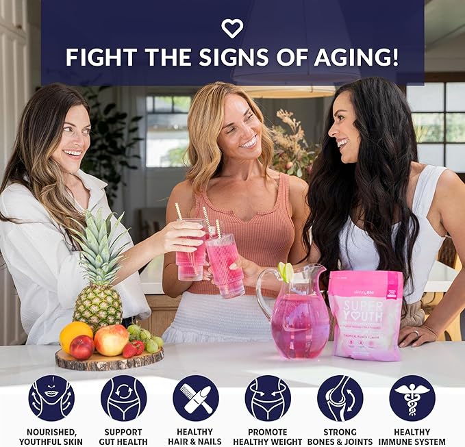 SkinnyFit - Super Youth, Tropical Punch (30 Servings) - Multi Collagen Peptides Powder - Probiotics, Fiber, Hyaluronic Acid - Collagen for Women - Non GMO, Gluten Free, Sugar Free - Beauty & Self Care