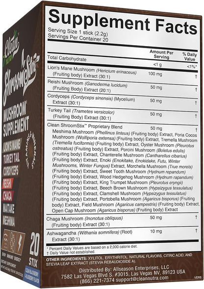 Clean Nutraceuticals Lions Mane 24in1 Mushroom Supplement with Turkey Tail Reishi Cordyceps Chaga Maitake Shiitake Enoki Oyster Porcini Tremella – 20 Easy to Take Shroom Stix