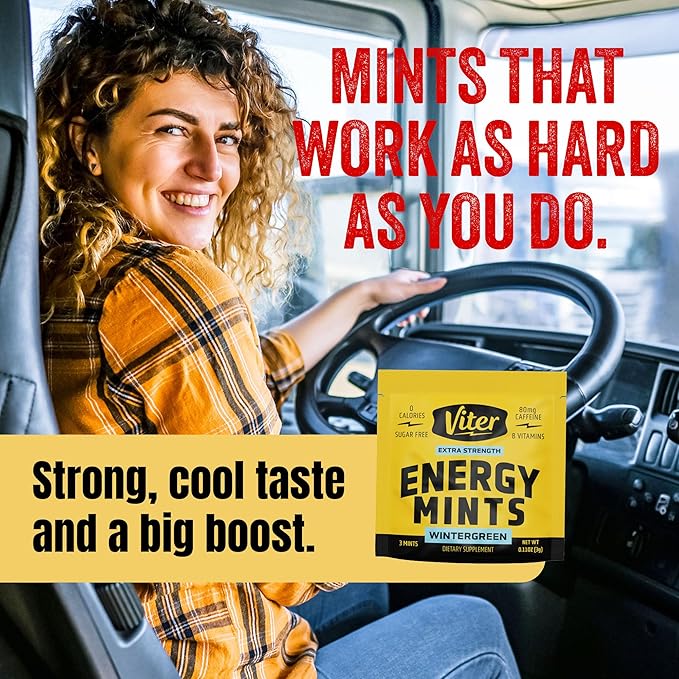 Viter Energy Caffeine Mints 80mg Extra Strength - 90 Pieces Caffeinated with B Vitamins. Sugar Free Vegan Breath Mint. Energize Nootropic Focus Booster for Fast Alertness (Wintergreen Flavor, 30 Pack)