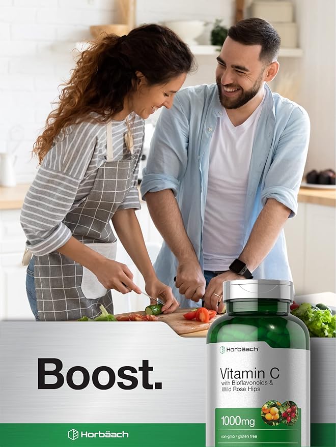 Horbäach Vitamin C 1000mg | 250 Capsules | with Bioflavonoids and Rose HIPS | Non-GMO, Gluten Free Supplement | High Strength Formula