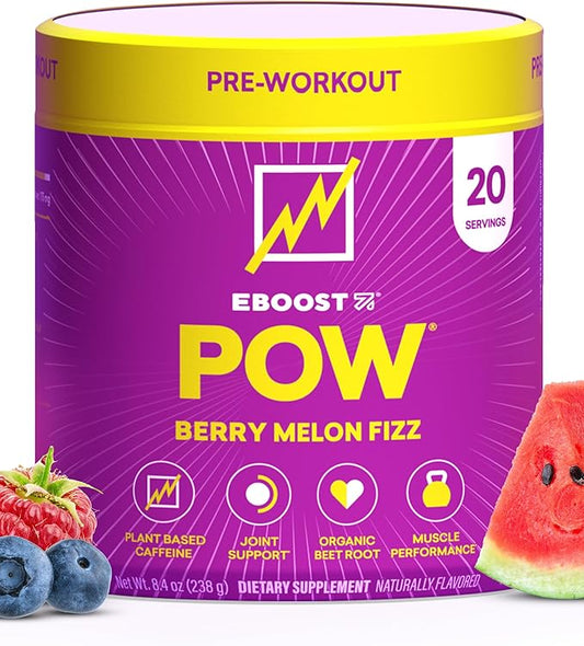 EBOOST POW Natural Pre Workout Powder - 20 Servings - Berry Melon Fizz - Pre Workout Supplement for Performance, Joint Mobility Support, Energy, Focus - Men & Women - Non-GMO, Gluten-Free, No Creatine