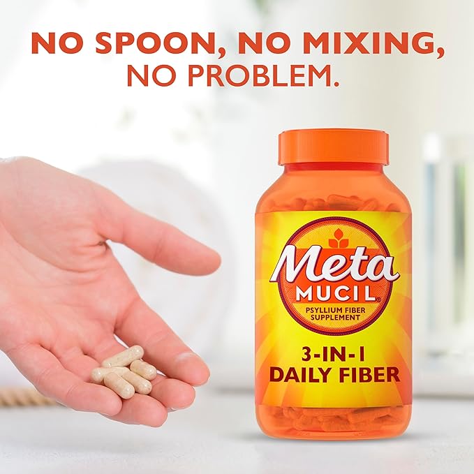 Metamucil, Daily Psyllium Husk Powder Supplement, 3-in-1 Fiber for Digestive Health, Plant Based Fiber, 300ct Capsules