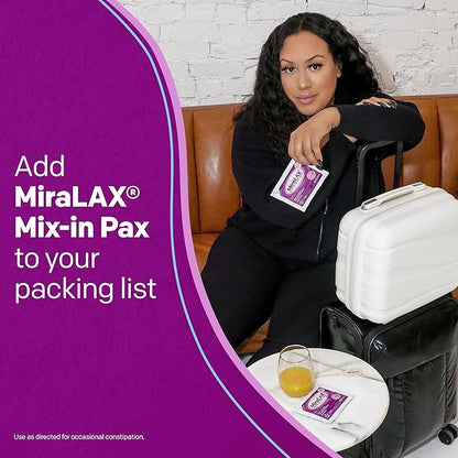MiraLAX Gentle Constipation Relief Laxative Powder, Stool Softener with PEG 3350, No Harsh Side Effects, 1 Doctor & OBGYN Recommended, Single Dose Mix-in Pax, Travel Pack, 24 Dose