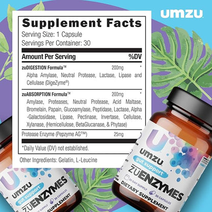 UMZU ZuEnzymes Digestive Enzymes Supplement | 21 Enzymes for Gut Health Support, Digestion & Nutrient Absorption | Helps Break Down Lactose, Carbs, Proteins & Fats (30 Day Supply | 30 Capsules)