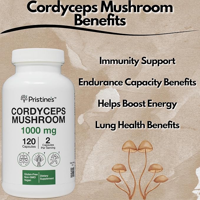 PRISTINE'S Cordyceps Mushroom Capsules - 60 Day Supply 1000 MG - Athletic Performance, Endurance & Immunity Adaptogen Supplement - Anti Aging Support Antioxidant
