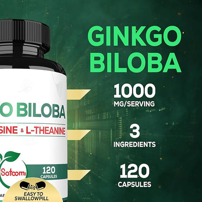 1000mg Ginkgo Biloba Supplements with L-Tyrosine, L-Theanine - 120 Capsules for 2-Month Supply - Support Focus, Mermory Function, Brain Health & Vision Quality