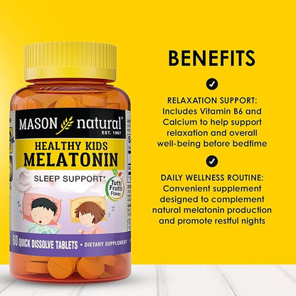 MASON NATURAL Healthy Kids Melatonin, for Children, Supports a Healthy Sleep, Fast Acting, Fruit Flavored, 60 Quick Dissolve Tablets