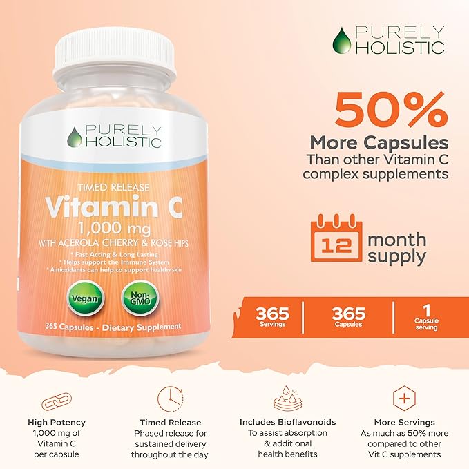 Purely Holistic Vitamin C 1000mg + Organic Elderberry Syrup Bundle - 365 Vegan Capsules + 16 fl oz - with Rosehip, Acerola Cherry, Propolis Echinacea & More - Made in USA